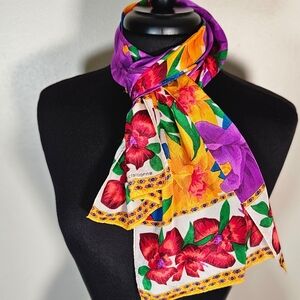 Vintage Liz Claiborne Colorful Floral Print Silk Rectangular Long Scarf
